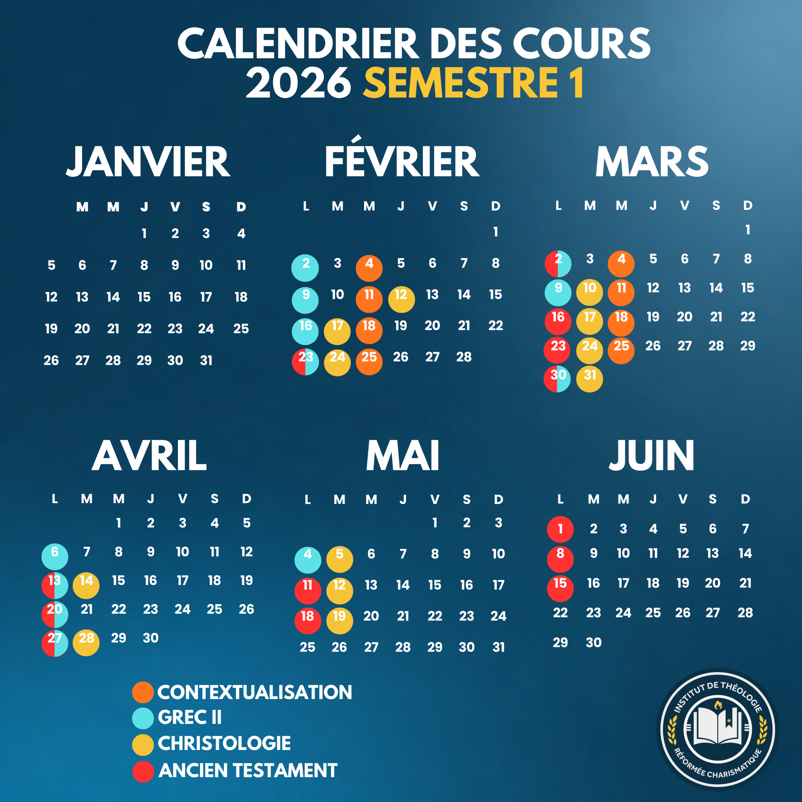 CALENDRIER DES COURS 2026 SEMESTRE 1